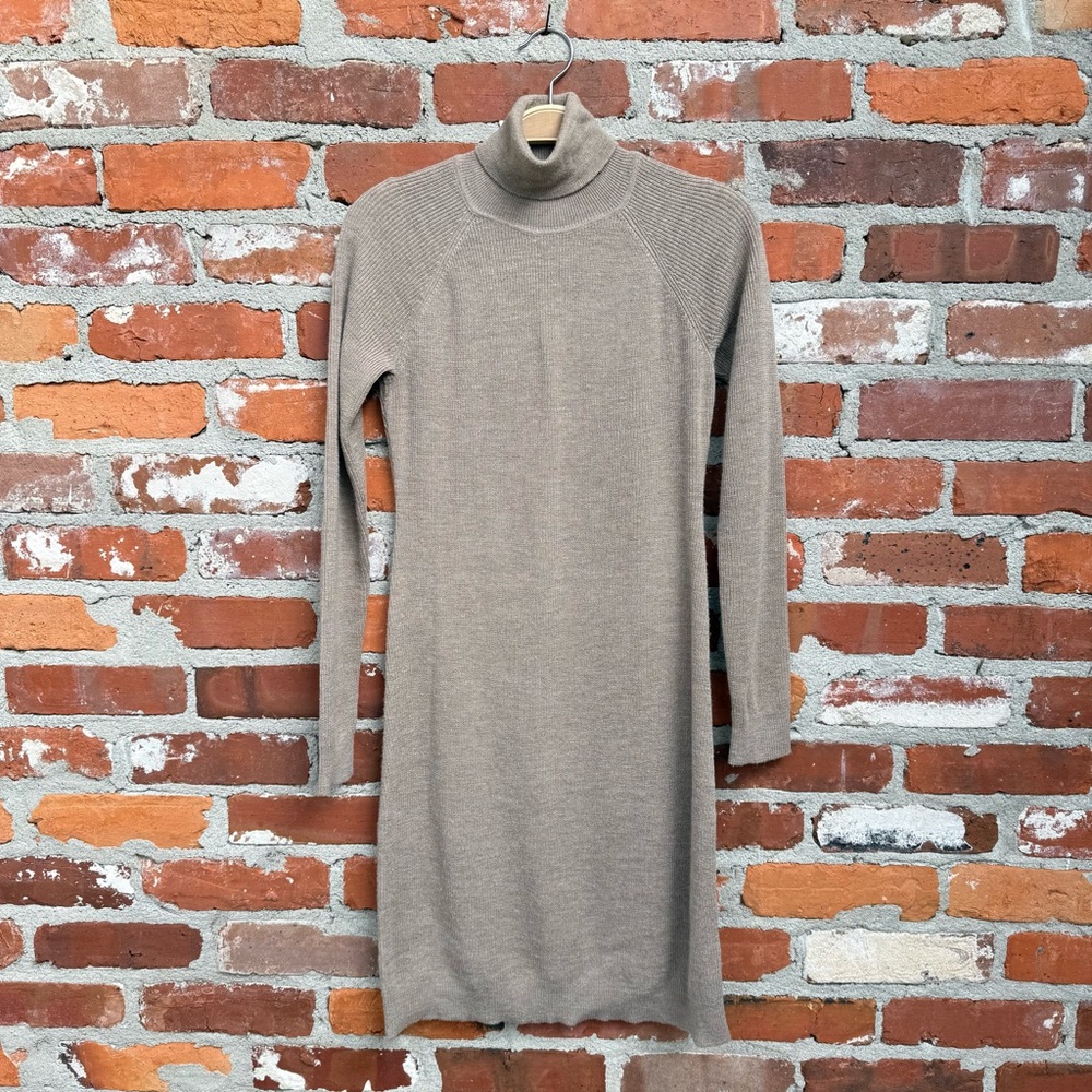 Garnet Hill Merino Wool Ribbed Turtleneck Sweater Dress XS Taupe Beige - Picture 2 of 6